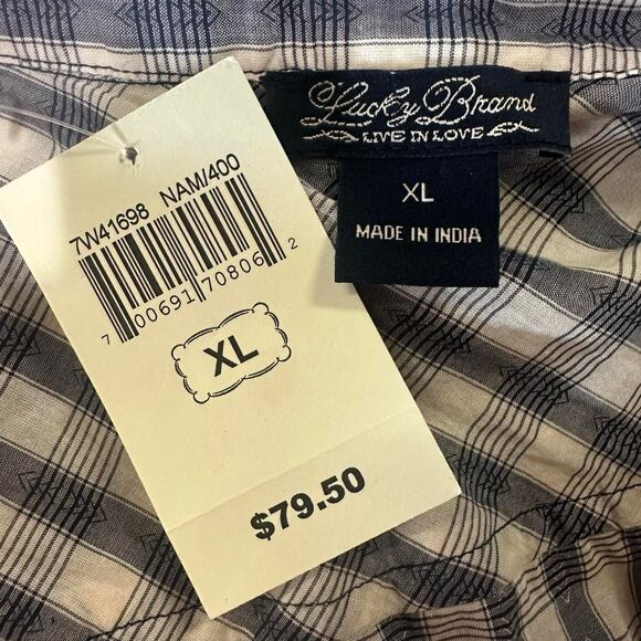 LUCKY BRAND NWT Blue Cream Plaid Collared Blouse Cinch Waist Womens XL Bohemian - Picture 7 of 8